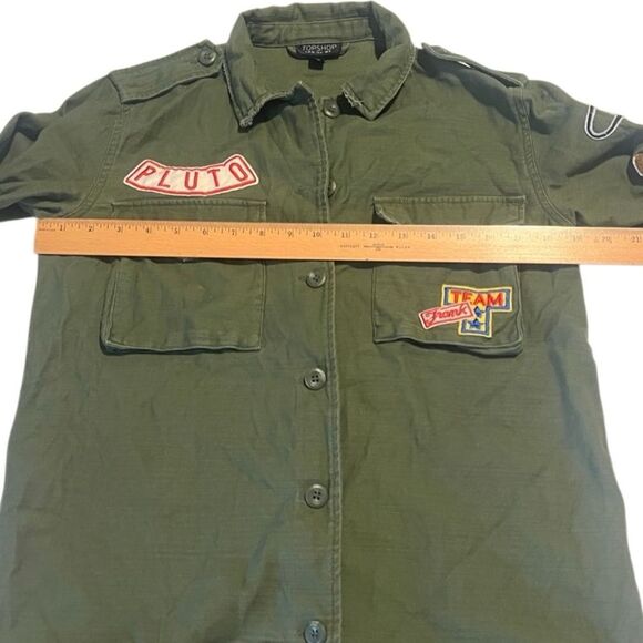 Topshop Olive Green Cotton Patches Button Front Military Jacket Size 4 - Picture 13 of 14